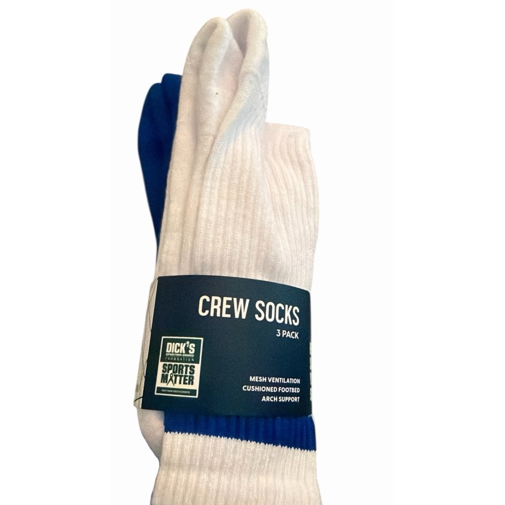 DSG Crew Socks 3 Pack White Blue Cushioned Arch‎ Support Unisex L 8-13 NWT